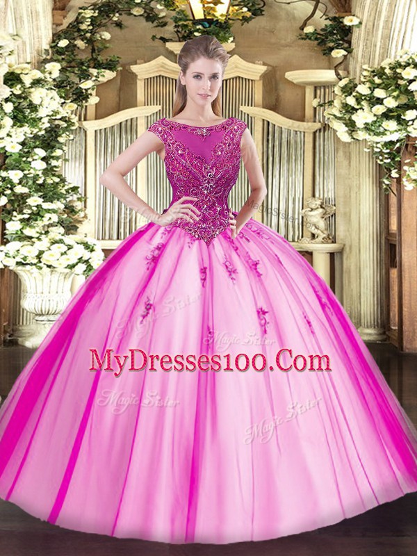 Shining Fuchsia Scoop Neckline Beading and Appliques Sweet 16 Dresses Cap Sleeves Lace Up