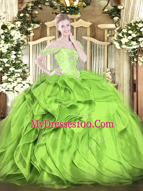 Lace Up Off The Shoulder Beading and Ruffles Quinceanera Gown Organza Sleeveless