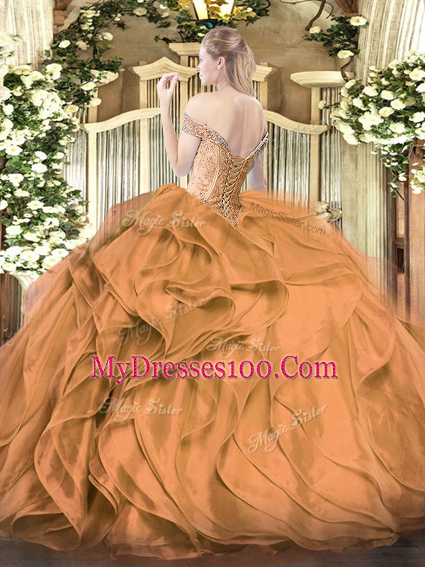 Lace Up Off The Shoulder Beading and Ruffles Quinceanera Gown Organza Sleeveless
