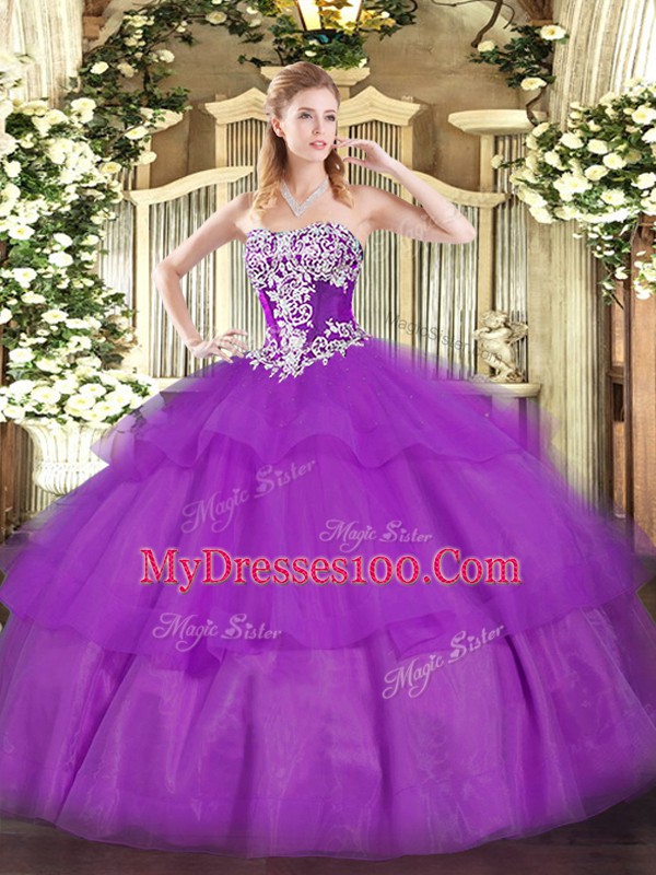 Suitable Purple Tulle Lace Up Strapless Sleeveless Floor Length Quinceanera Dress Beading and Ruffled Layers