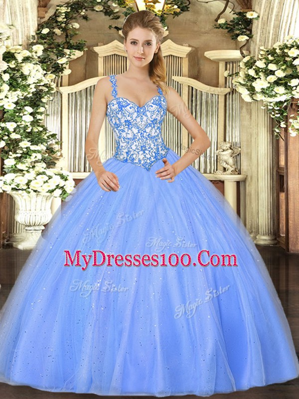 Baby Blue Ball Gowns Straps Sleeveless Organza Floor Length Lace Up Beading and Appliques Sweet 16 Quinceanera Dress