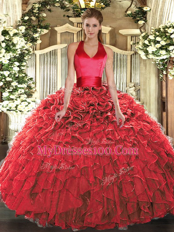 High Class Organza Halter Top Sleeveless Lace Up Ruffles Sweet 16 Quinceanera Dress in Red