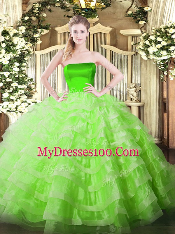 Pretty Strapless Sleeveless Quince Ball Gowns Floor Length Ruffled Layers Tulle
