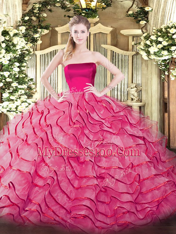 Smart Hot Pink Quince Ball Gowns Tulle Brush Train Sleeveless Ruffled Layers