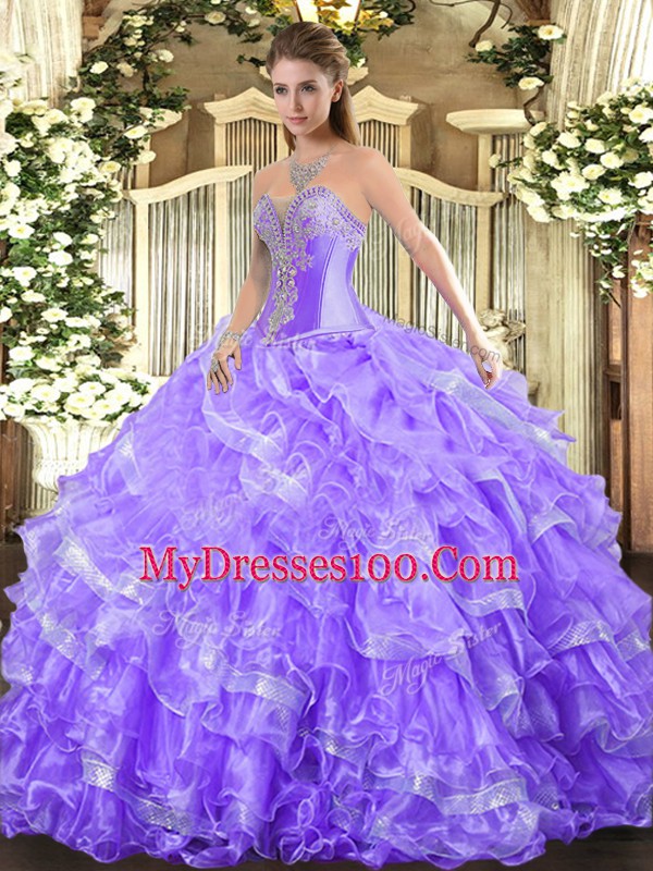 Lavender Sweetheart Neckline Beading and Ruffled Layers Ball Gown Prom Dress Sleeveless Lace Up
