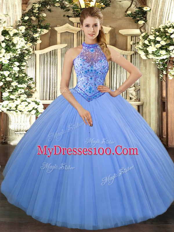 Glamorous Baby Blue Tulle Lace Up Halter Top Sleeveless Floor Length Vestidos de Quinceanera Beading and Embroidery