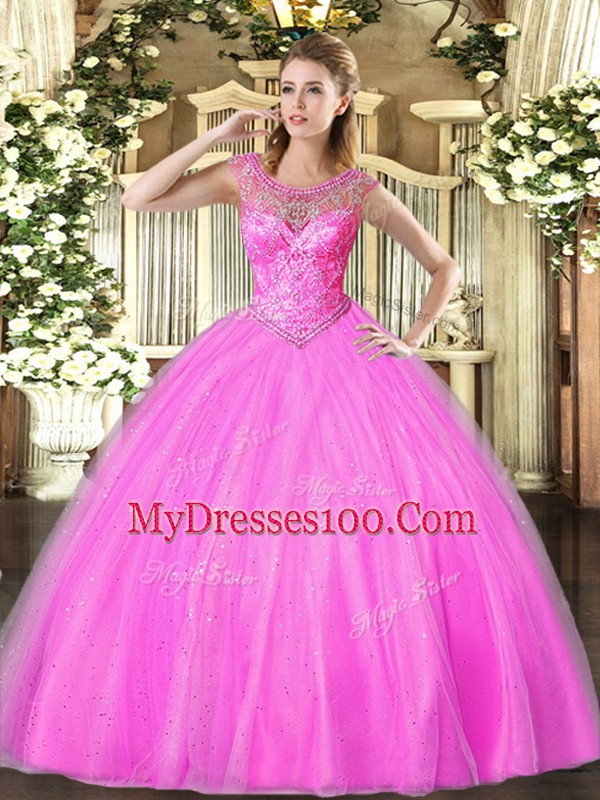 Lilac Ball Gowns Beading Quinceanera Gowns Lace Up Tulle Sleeveless Floor Length