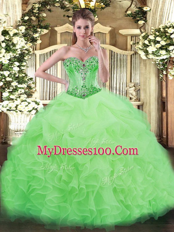 Fancy Sleeveless Organza Floor Length Lace Up Vestidos de Quinceanera in with Beading and Ruffles and Pick Ups