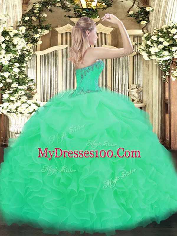 Fancy Sleeveless Organza Floor Length Lace Up Vestidos de Quinceanera in with Beading and Ruffles and Pick Ups