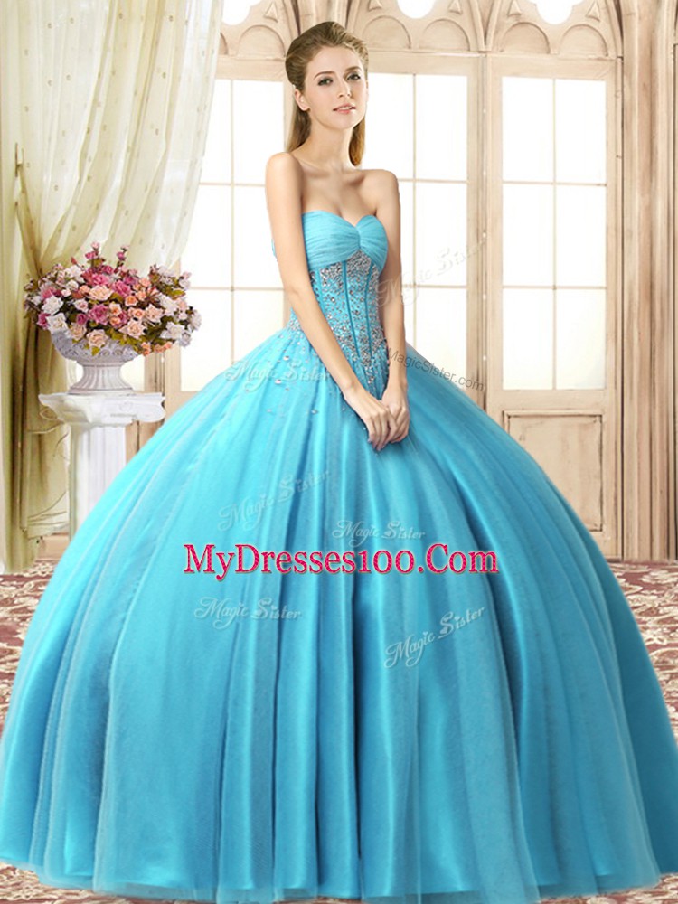 Aqua Blue Ball Gowns Sweetheart Sleeveless Tulle Floor Length Lace Up Beading Sweet 16 Dresses