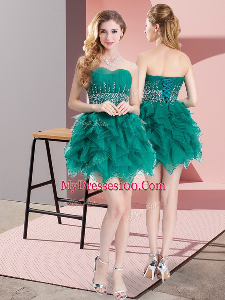 Inexpensive Green Tulle Lace Up Sweetheart Sleeveless Mini Length Homecoming Dress Beading and Ruffles