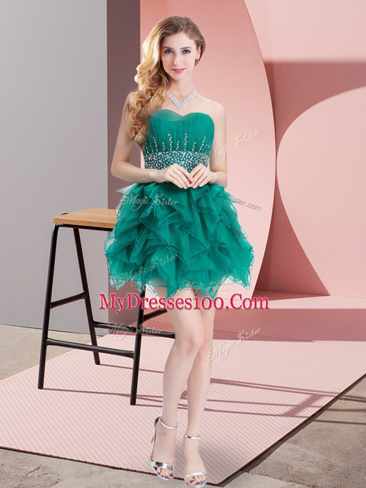 Inexpensive Green Tulle Lace Up Sweetheart Sleeveless Mini Length Homecoming Dress Beading and Ruffles
