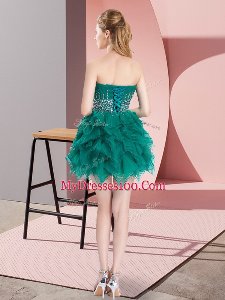 Inexpensive Green Tulle Lace Up Sweetheart Sleeveless Mini Length Homecoming Dress Beading and Ruffles