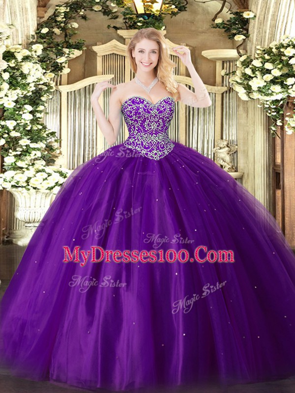 Floor Length Purple Quinceanera Dress Tulle Sleeveless Beading