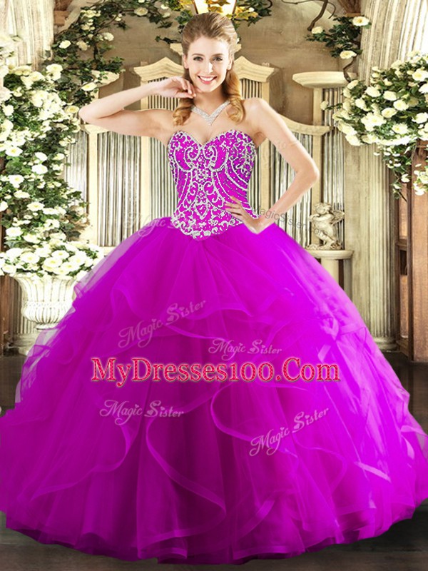Floor Length Lace Up Sweet 16 Dresses Fuchsia for Military Ball and Sweet 16 and Quinceanera with Beading and Ruffles