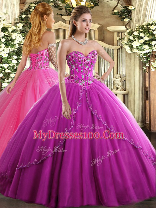 Traditional Fuchsia Lace Up Sweetheart Appliques and Embroidery Vestidos de Quinceanera Tulle Sleeveless Brush Train