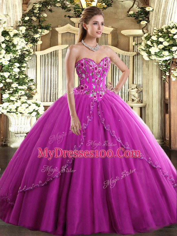Traditional Fuchsia Lace Up Sweetheart Appliques and Embroidery Vestidos de Quinceanera Tulle Sleeveless Brush Train
