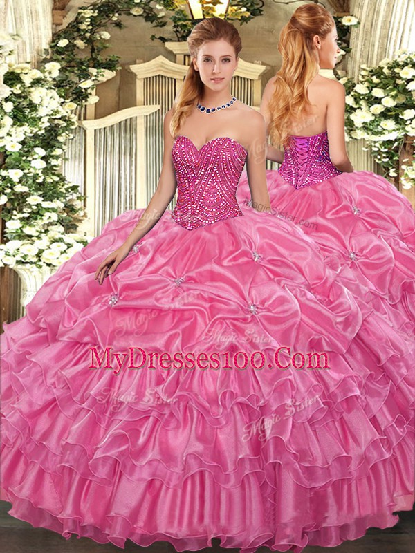 Customized Rose Pink Organza Lace Up Sweet 16 Dresses Sleeveless Floor Length Beading and Ruffled Layers and Pick Ups