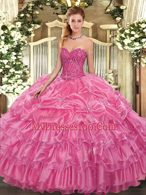 Customized Rose Pink Organza Lace Up Sweet 16 Dresses Sleeveless Floor Length Beading and Ruffled Layers and Pick Ups