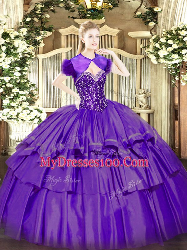 Custom Fit Purple Sweetheart Lace Up Beading and Ruffled Layers Sweet 16 Quinceanera Dress Sleeveless