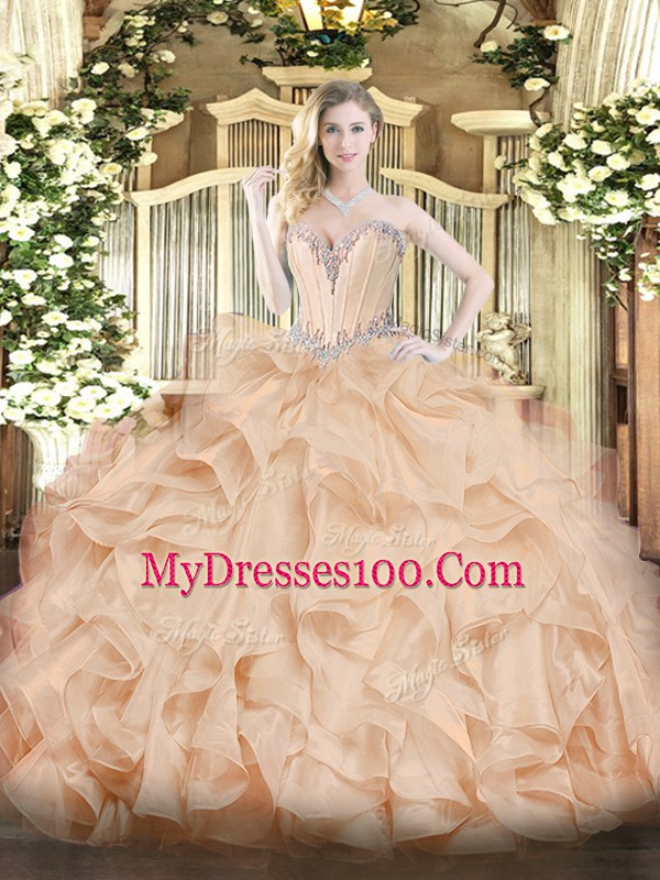 Cute Sleeveless Lace Up Floor Length Beading and Ruffles Quinceanera Gown