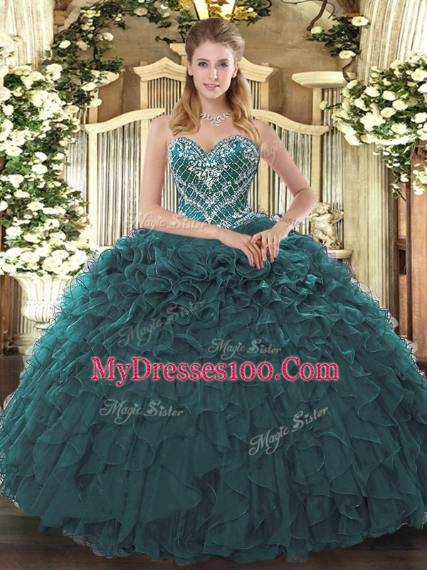 Designer Sleeveless Floor Length Beading and Ruffled Layers Lace Up Quinceanera Gowns with Teal