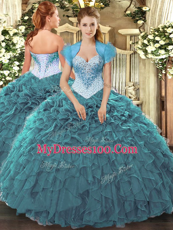 Teal Sleeveless Floor Length Beading and Ruffles Lace Up Sweet 16 Dress