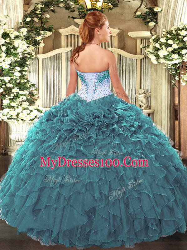Teal Sleeveless Floor Length Beading and Ruffles Lace Up Sweet 16 Dress