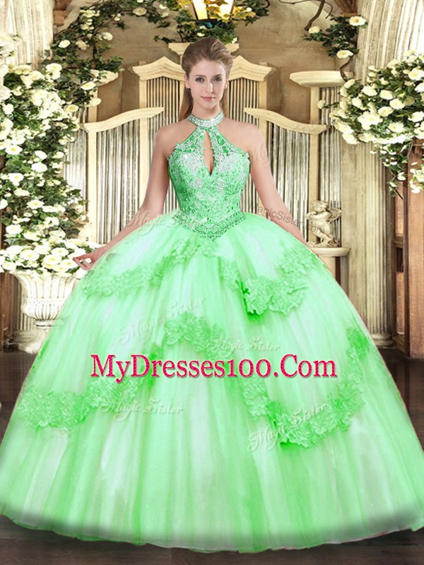 Fine Floor Length Lace Up Sweet 16 Dresses Apple Green for Military Ball and Sweet 16 and Quinceanera with Appliques and Sequins