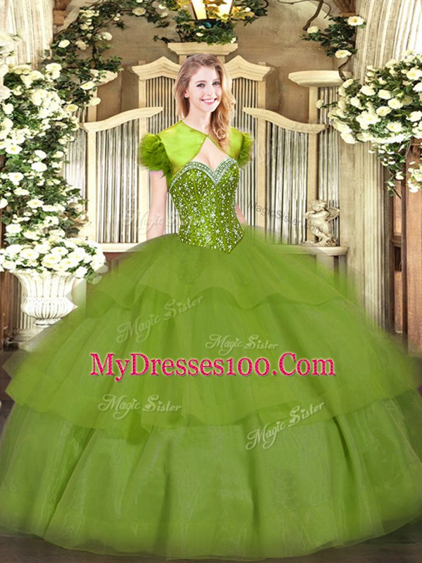 Dramatic Olive Green Ball Gowns Tulle Sweetheart Sleeveless Beading and Ruffled Layers Floor Length Lace Up Quince Ball Gowns