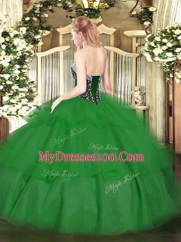 Dramatic Olive Green Ball Gowns Tulle Sweetheart Sleeveless Beading and Ruffled Layers Floor Length Lace Up Quince Ball Gowns