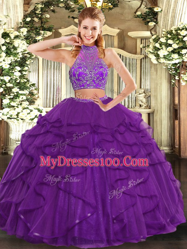 Beautiful Halter Top Sleeveless Criss Cross Quinceanera Dresses Purple Tulle