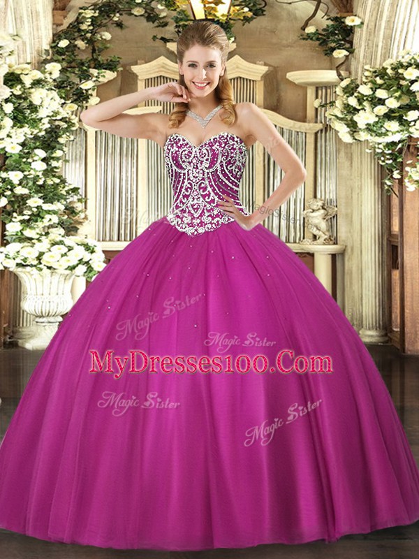 Fuchsia Lace Up 15th Birthday Dress Beading Sleeveless Floor Length