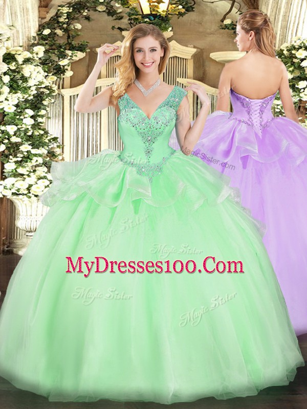 Sweet Apple Green Ball Gowns V-neck Sleeveless Tulle Floor Length Lace Up Beading Quinceanera Gown