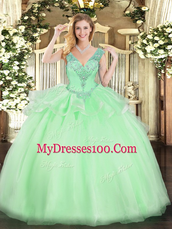 Sweet Apple Green Ball Gowns V-neck Sleeveless Tulle Floor Length Lace Up Beading Quinceanera Gown