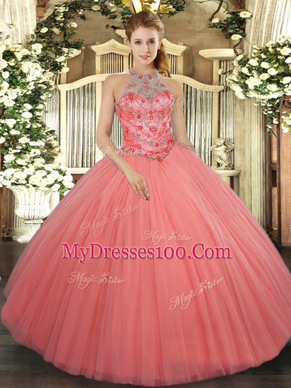 Watermelon Red Sleeveless Floor Length Beading and Embroidery Lace Up Quinceanera Gown