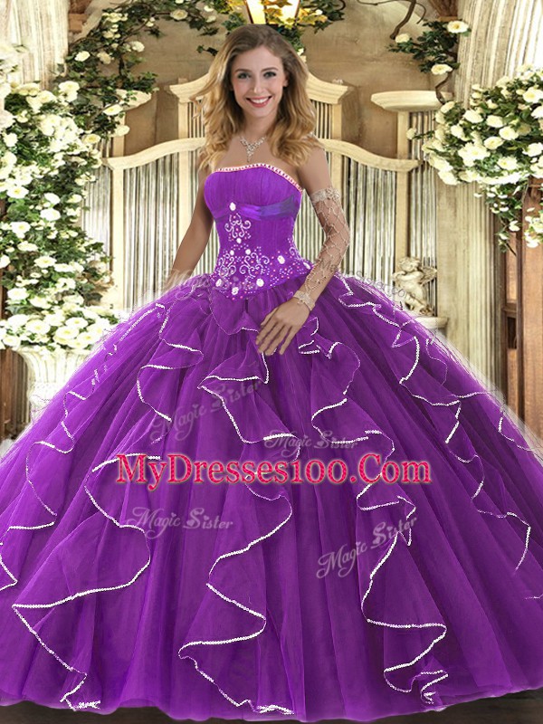 Suitable Purple Ball Gowns Tulle Strapless Sleeveless Beading and Ruffles Floor Length Lace Up Quinceanera Gowns