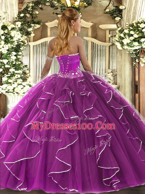Suitable Purple Ball Gowns Tulle Strapless Sleeveless Beading and Ruffles Floor Length Lace Up Quinceanera Gowns