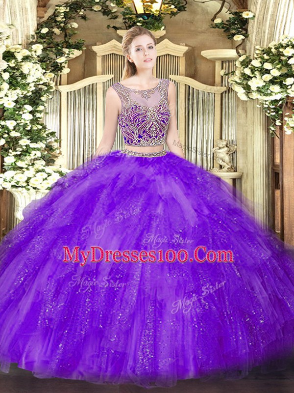 Classical Tulle Scoop Sleeveless Lace Up Beading and Ruffles Quinceanera Gown in Lavender