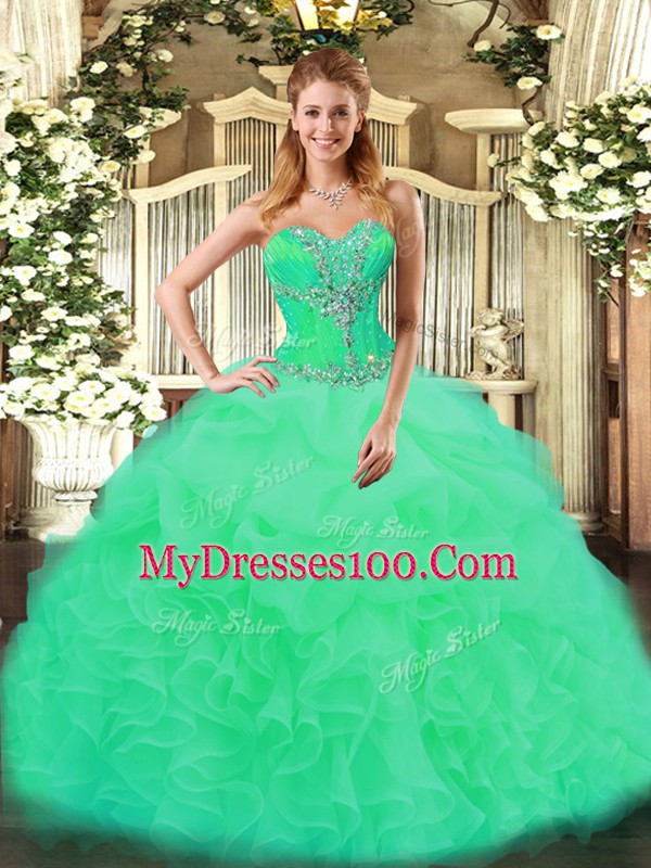 Turquoise Organza Lace Up Sweetheart Sleeveless Floor Length Sweet 16 Dress Beading and Ruffles
