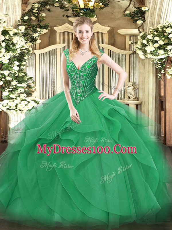 Floor Length Turquoise Sweet 16 Dresses Tulle Sleeveless Beading and Ruffles