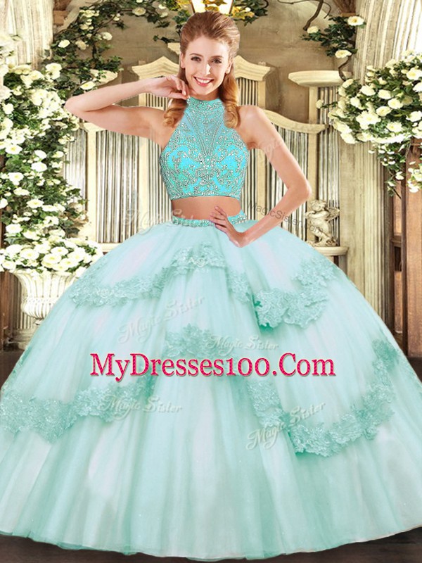 Beading and Appliques and Ruffles Quinceanera Gown Apple Green Criss Cross Sleeveless Floor Length