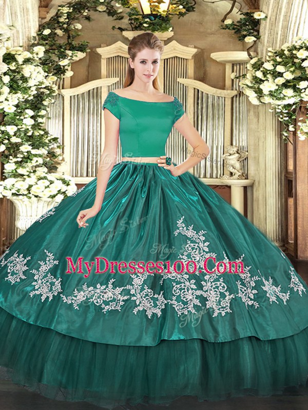 Dramatic Teal Zipper Off The Shoulder Embroidery Vestidos de Quinceanera Organza and Taffeta Short Sleeves