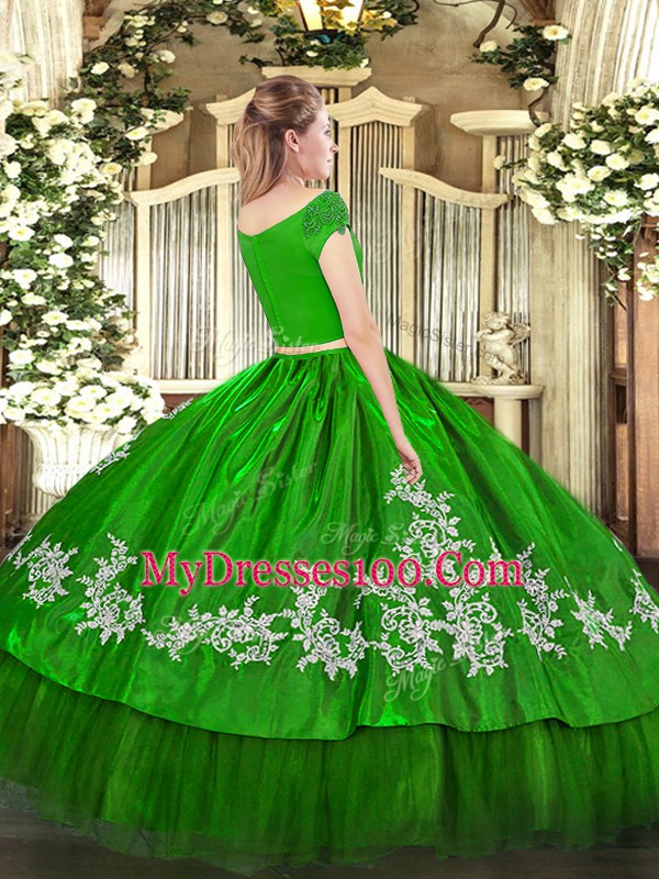Dramatic Teal Zipper Off The Shoulder Embroidery Vestidos de Quinceanera Organza and Taffeta Short Sleeves