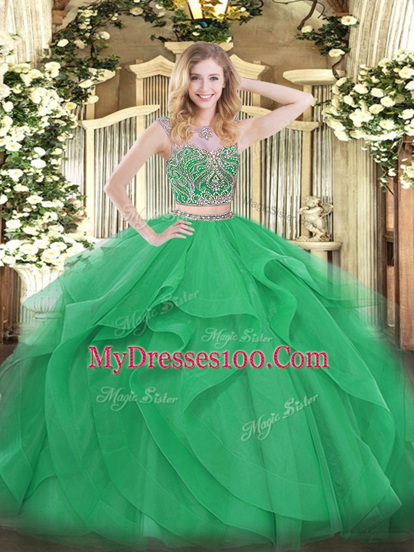 Green Lace Up Scoop Beading and Ruffles Ball Gown Prom Dress Tulle Sleeveless