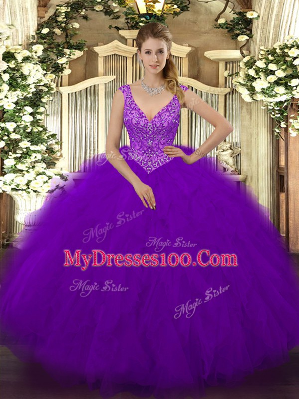 Purple Ball Gowns Beading and Ruffles Quinceanera Gowns Zipper Tulle Sleeveless Floor Length