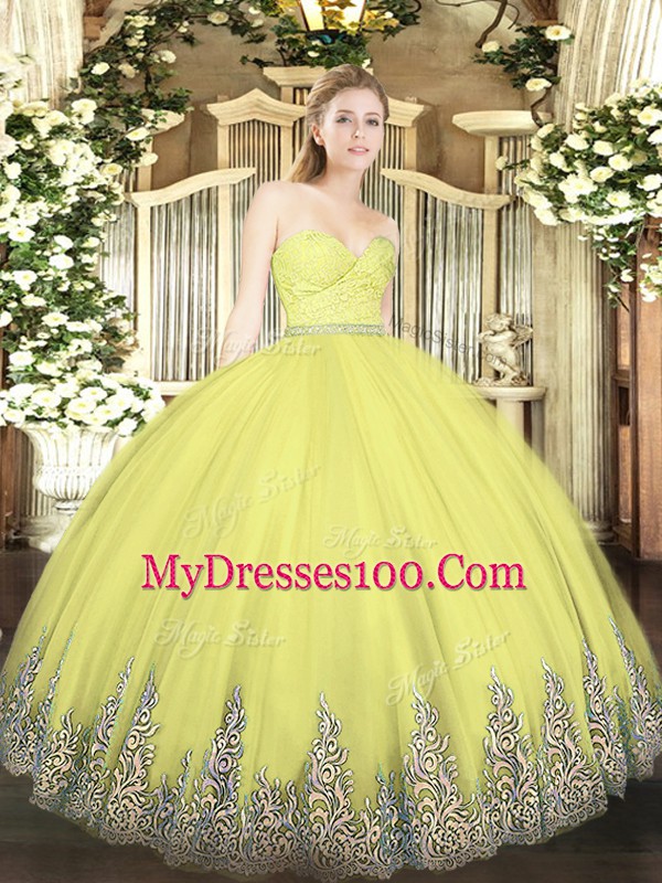 Yellow Sleeveless Floor Length Beading and Lace and Appliques Zipper 15 Quinceanera Dress
