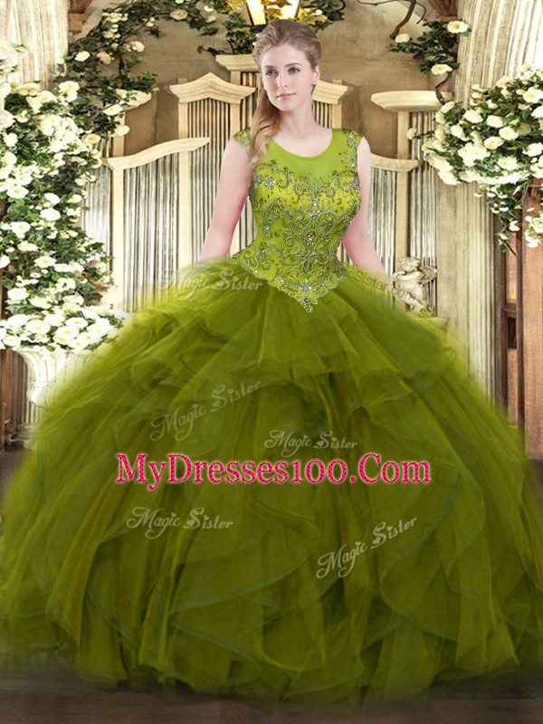 Hot Selling Sleeveless Organza Floor Length Zipper 15th Birthday Dress in Olive Green with Beading and Ruffles