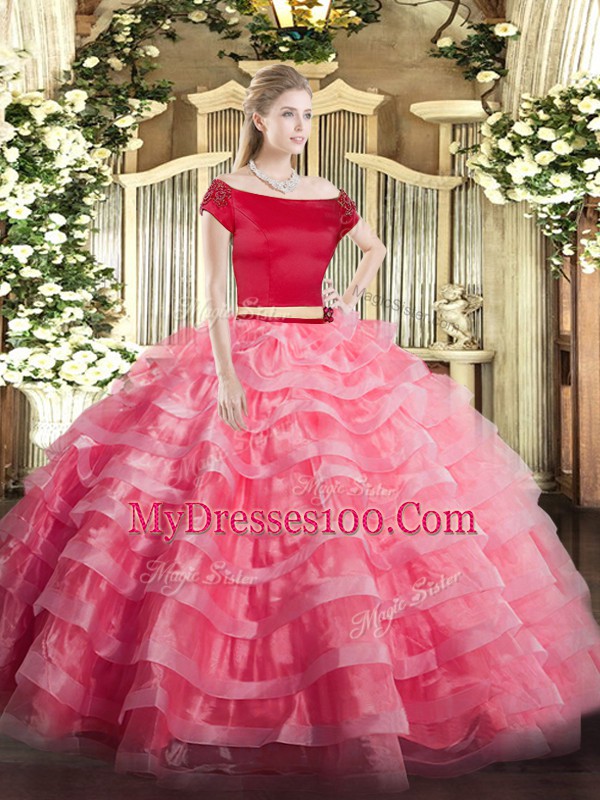 Modest Watermelon Red Short Sleeves Tulle Zipper Vestidos de Quinceanera for Military Ball and Sweet 16 and Quinceanera