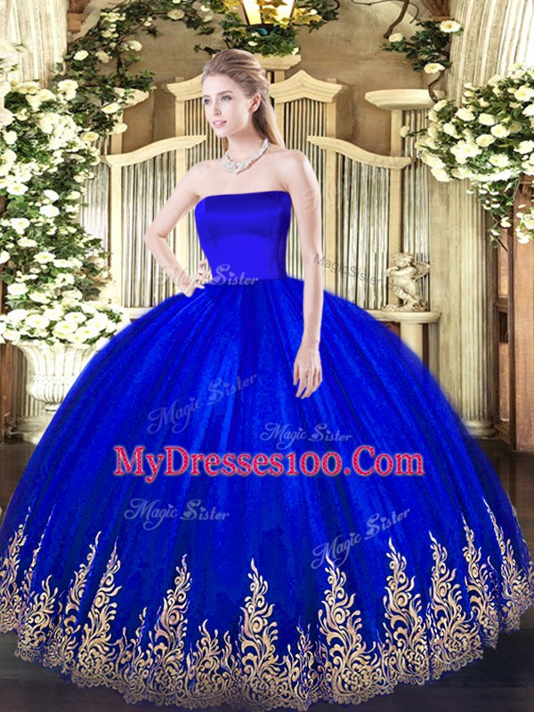 Blue Zipper Strapless Appliques 15th Birthday Dress Tulle Sleeveless